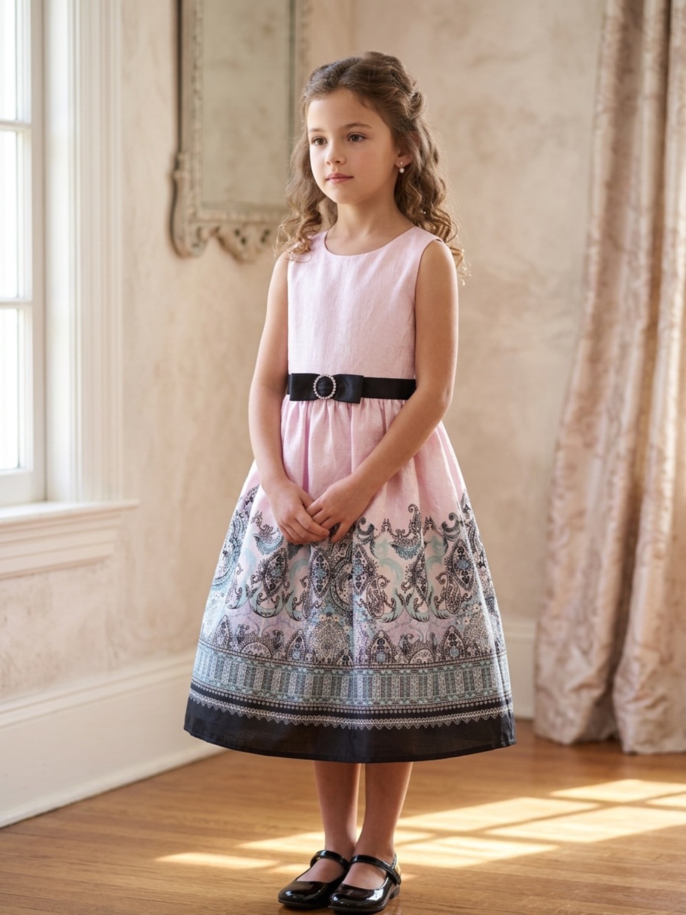 Jayne Copeland Pink Paisley Border Dress with Black Belt